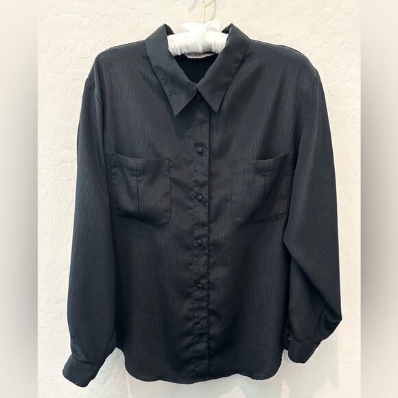 HILL ARCHER | Vintage Black Minimalist Crinkle Classic Long Sleeve Blouse | 14 - Picture 1 of 7